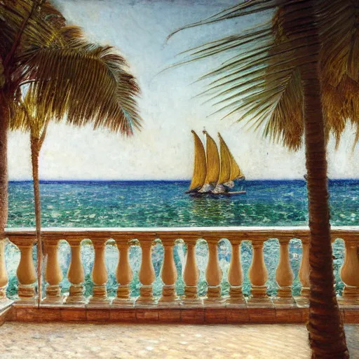 Image similar to a ultradetailed beautiful painting of a sail boat in the amazonas palace balustrade designed by jules bastien - lepage, tarsila do amaral, frank weston and gustave baumann, beach, trending on artstation, mediterranean, palm trees, sharp focus, soft light, 8 k 4 k