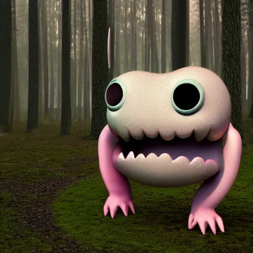 Prompt: giant plastic, pastel, colourful, friendly monster with two big, sad eyes, by ‘where the wild things are’ and ‘pictoplasm’ standing in a forrest, high resolution, 3d render, 8k-n 6