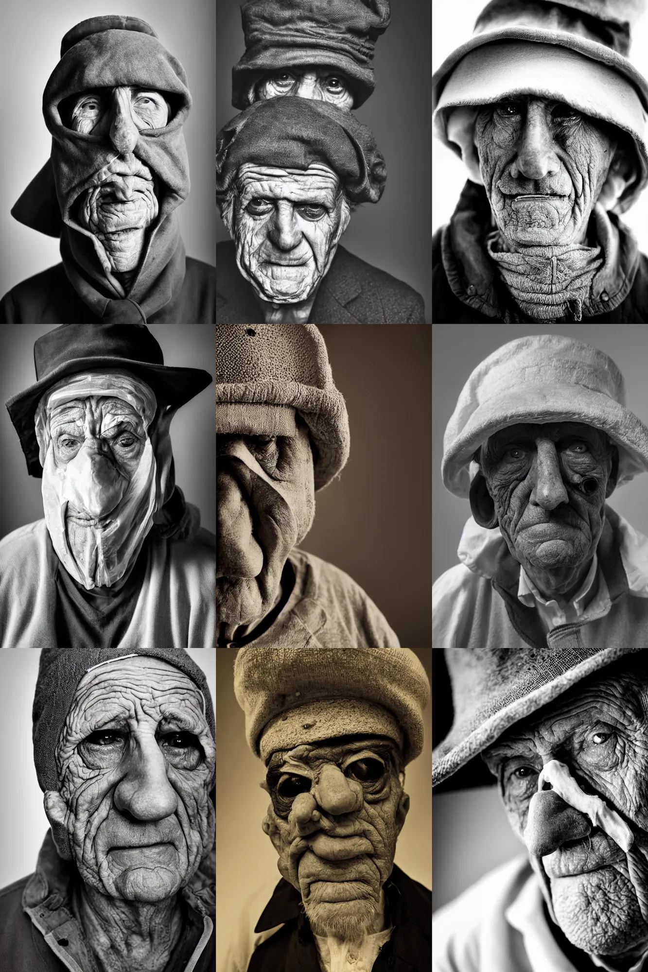 Prompt: high contrast studio close - up portrait of a wrinkled old man wearing a pulcinella mask, clear eyes looking into camera, baggy clothing and hat, backlit, dark mood, nikon, photo by peter lindbergh, masterpiece