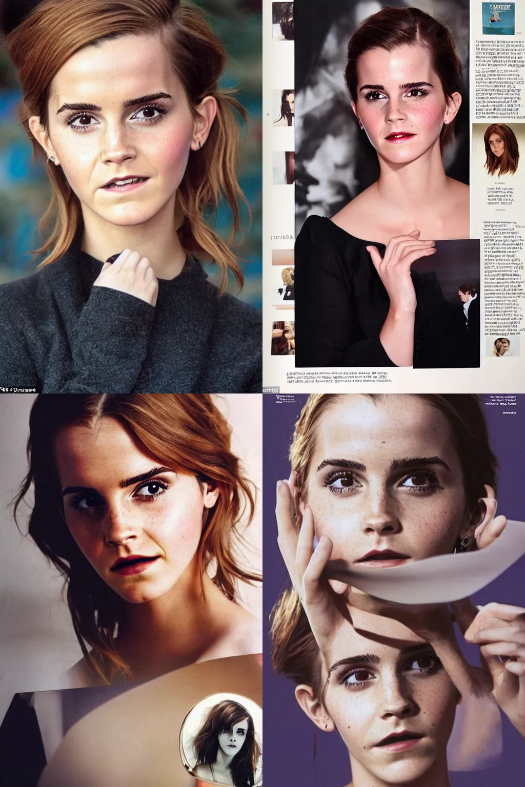 Prompt: A shapeshifter is transforming into Emma Watson by watching images of Emma Watson, in the magazine, Photo taken with Provia