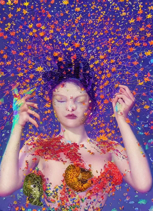 Image similar to hyper detailed 3d render like a Oil painting - Aurora (Singer) Eats of the Strangling Fruit of penance open eyes and Her Hands full of gossamer polyp blossoms bring iridescent fungal flowers whose spores black the foolish stars by Jacek Yerka, Mariusz Lewandowski, Houdini algorithmic generative render, Abstract brush strokes, Masterpiece, Edward Hopper and James Gilleard, Zdzislaw Beksinski, Mark Ryden, Wolfgang Lettl, hints of Yayoi Kasuma, octane render, 8k