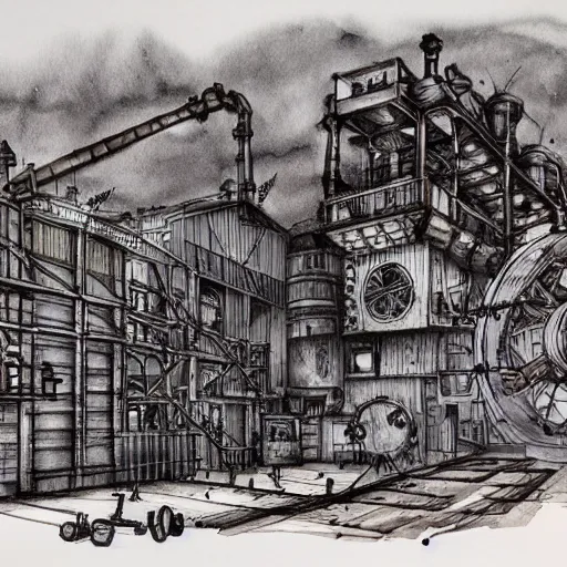 Image similar to Steampunk factory, ink and watercolor, dark vibe