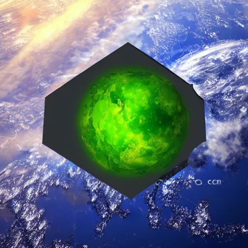 Image similar to hexagon structure floating above planet earth, in space, trending on art station, photo realistic, perspective