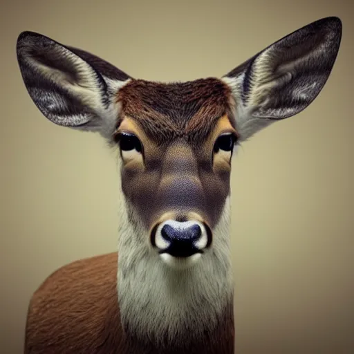 Prompt: hyperrealistic mugshot of a deer, photorealistic, 8k octane render, trending on art station, stunning visuals