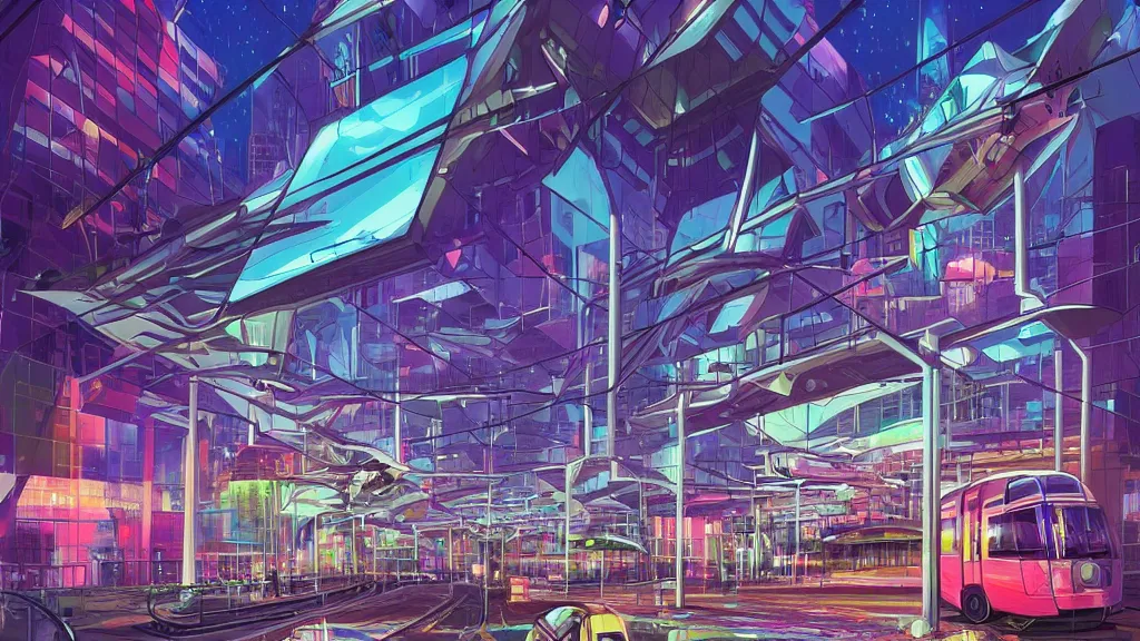 Prompt: view of the futuristic church building in the downtown of the city at night by cyril rolando and naomi okubo and dan mumford and zaha hadid. flying cars. advertisements. neon. tram.