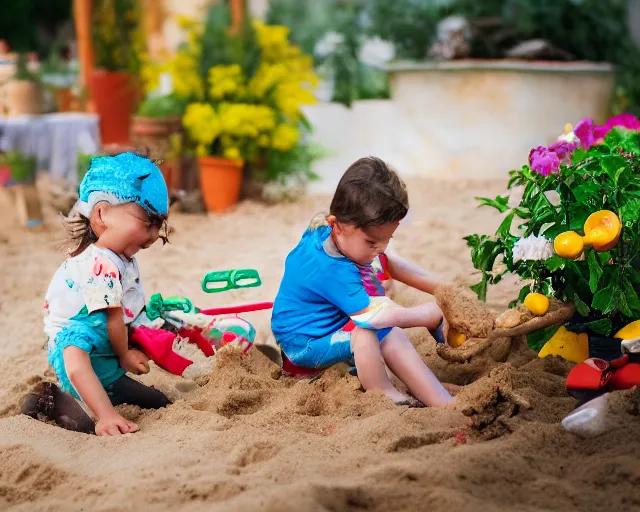 Prompt: 8 5 mm food photography of sylvester stalone playing with toys near a garden with sand with dof and bokeh and flowers o