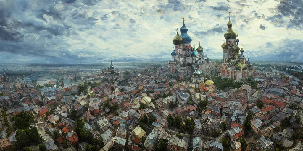 Image similar to photo beautiful magical ancient Slavic Russian city of Kitezh, fisheye lens, painting by Viktor Vasnetsov, concept art, magical city, fantasy cityscape, ancient Slavs, wooden buildings, ancient Russian architecture, terem, hyperborea, top cinematic lighting , cinematic mood, very detailed, 8k, high resolution, trending on artstation, painting by Nicholas Roerich, artstationHD,