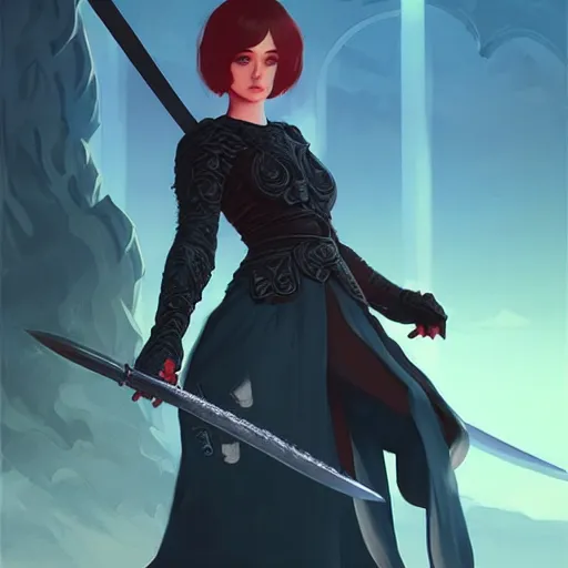 Prompt: a woman holding a sword with a dragon on it, concept art by ilya kuvshinov, contest winner, fantasy art, official art, concept art, high detail, experimental, high quality, 4 k