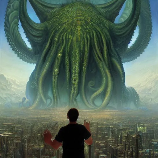 Prompt: human looking at big monstrosity portrait of Cthulhu, hyperdetailed, artstation, cgsociety, by Tyler Edlin and Jean Delville, by John Berkey and Filip Hodas