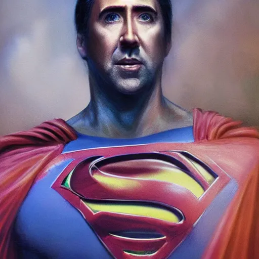 Image similar to Portrait of Nicolas Cage as superman, DC, dark fantasy, intricate, smooth, artstation, painted by Wayne Barlowe, Greg Rutkowski, Zdislav Beksinski