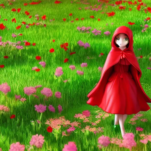 Prompt: manga cover portrait of an extremely cute and adorable little red riding hood riding on a wolf through a flower field, summer vibrance, 3 d render diorama by hayao miyazaki, official studio ghibli still, color graflex macro photograph, pixiv, daz studio 3 d