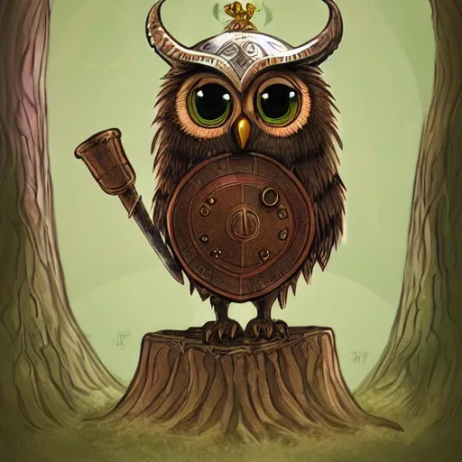 Image similar to A highly detailed, cute anthropomorphic owl wearing a horned viking helmet and shield standing in front of a tree. Artstation.