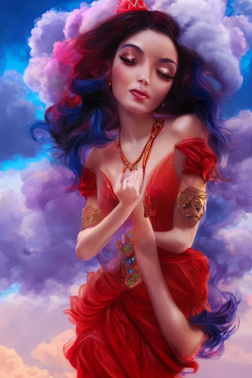 Prompt: a beautiful persian princess in colorful clouds and smoke, red dress, long black hair, smiling in awe, face, highly detailed, artstation, concept art, sharp focus, digital art by hana yata, octane render, unreal engine, 8 k