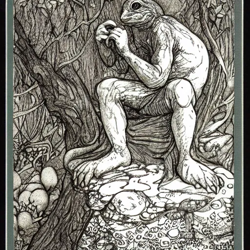 Prompt: toad philosopher toad in a pose The Thinker, swamp, illustrations by irish fairy tales james stephens arthur rackham, fairy tale illustrations,