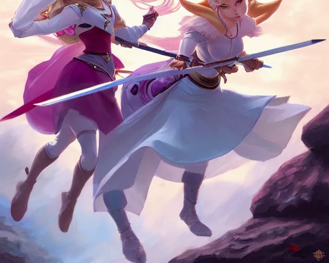 Image similar to princess zelda fighting princess princess peach, action scene, elegant, highly detailed, digital painting, artstation, concept art, matte, sharp focus, illustration, art by artgerm and greg rutkowski and alphonse mucha