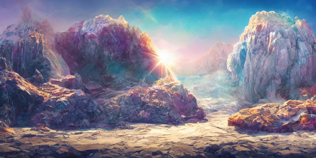 Image similar to a desolate salt covered island surrounded by colourful rugged crystal quartz mountains, illustration, bright sunlight, sun glints, sunrays, digital art, hyperrealistic, oil painting, fantasy, 8 k, trending on artstation, detailed