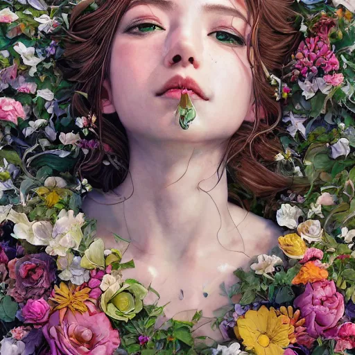 Image similar to the portrait of an absurdly beautiful, graceful, elegant, chaste, young woman made of petals looking up, an ultrafine detailed illustration by kim jung gi, irakli nadar, intricate linework, bright colors, octopath traveler, final fantasy, angular, unreal engine 5 highly rendered, global illumination, radiant light, detailed and intricate environment