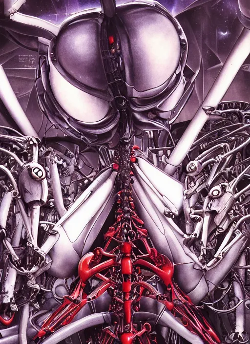 Image similar to Neon Genesis Evangelion by Yoshitaka Amano, by HR Giger, biomechanical, 4k, hyper detailed, hyperrealism, anime, a Blood Moon rising on a Broken World, deviantart, artstation