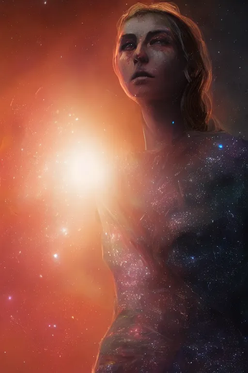 Image similar to a woman, wearing a dress made of stars and nebulae, dramatic, volumetric lighting, planets in the background, smooth, sharp focus, very detailed, by greg rutkowski, artstation, tom badshaw, 8 k, symmetrical face