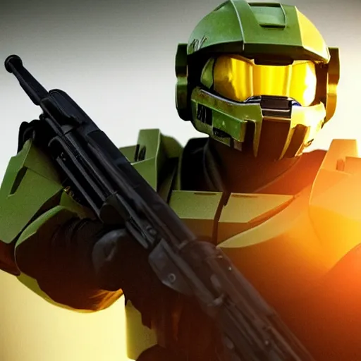 Image similar to Master Chief in McDonald's, photorealistic, HD, cinematic lighting