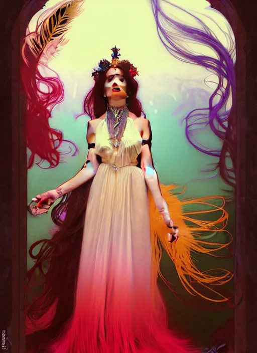 Image similar to ombre velvet gown, feathers, vivid colors, lovely dark autumn princess, portrait, long hair, tiara, jeweled choker, by alphonse mucha, brom, greg rutkowski, anato finnstark, global illumination, radiant light