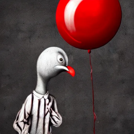 Image similar to surrealism grunge cartoon portrait sketch of a chicken with a wide smile and a red balloon by - michael karcz, loony toons style, horror theme, detailed, elegant, intricate