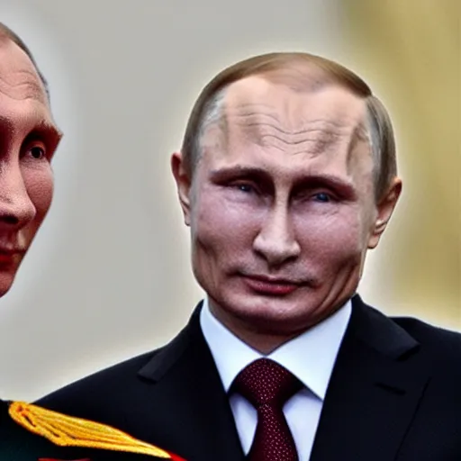 Image similar to putin teams up with a mysterious teenage putin, perfect faces