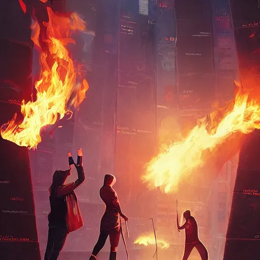 Image similar to protesters holding placards, detailed digital illustration by greg rutkowski, fire, android netrunner