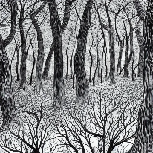 Prompt: beautiful forest illustration, 4k detailed, black ink on white paper, fantasy, white space in center