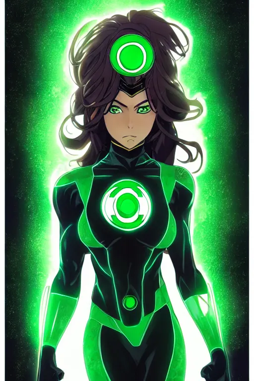 Image similar to anime key visual of a beautiful young female green lantern!! intricate, green and black suit, glowing, powers, dc comics, cinematic, stunning, highly detailed, digital painting, artstation, smooth, hard focus, illustration, art by artgerm and greg rutkowski and alphonse mucha