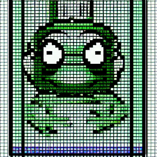 Prompt: portrait pepe the frog, stoic with sunglasses, as 8 bit nes super hero. background with glitched random ascii with random gamma. 6 4 bit, atari, nintendo, sega, windows 9 5