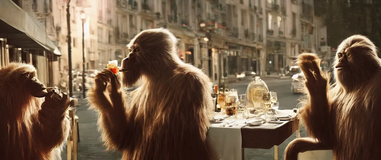 Prompt: accidentally wes anderson award - winning photograph of yeti and bigfoot eating lung outside paris restaurant, accidental renaissance, golden ratio, fibonacci composition, 4 k, detailed, art by greg rutkowsky, trending on artstation, cinematic lighting, filmic grain, golden hour, detailed, 4 k