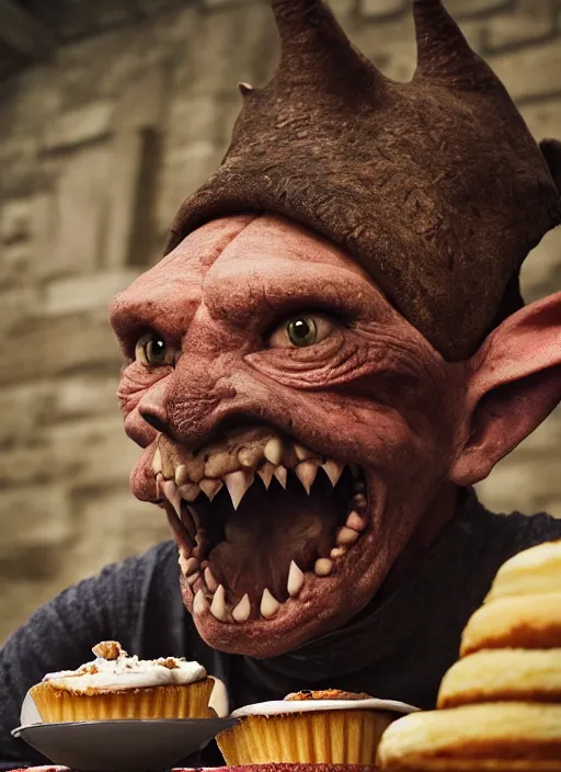 Image similar to closeup portrait of a medieval goblin eating cakes in the cloisters, depth of field, zeiss lens, detailed, symmetrical, centered, fashion photoshoot, by Annie Leibovitz and Steve McCurry, David Lazar, Jimmy Nelsson, Breathtaking, 8k resolution, extremely detailed, beautiful, establishing shot, artistic, hyperrealistic, beautiful face, octane render