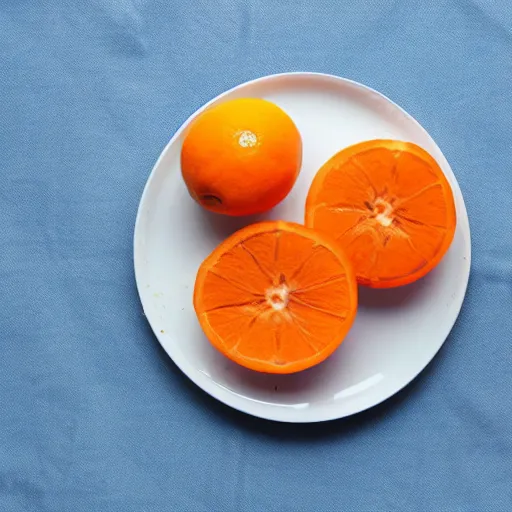 Prompt: an peeled orange on a white plate, over a blue tablecloth