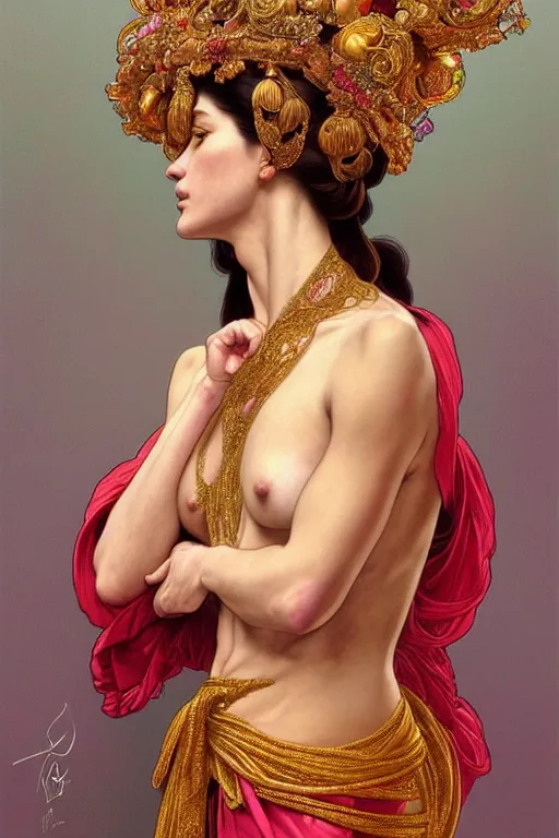 Image similar to body portrait of beautiful roman pincess wearing a flowing silk robe, wearing an ornate ancient headress, by terry o'neill intricate, elegant, highly detailed, digital painting, artstation, concept art, smooth, sharp focus, bold lighting, deep colors, dark background, illustration, art by artgerm and greg rutkowski and alphonse mucha, 8 k