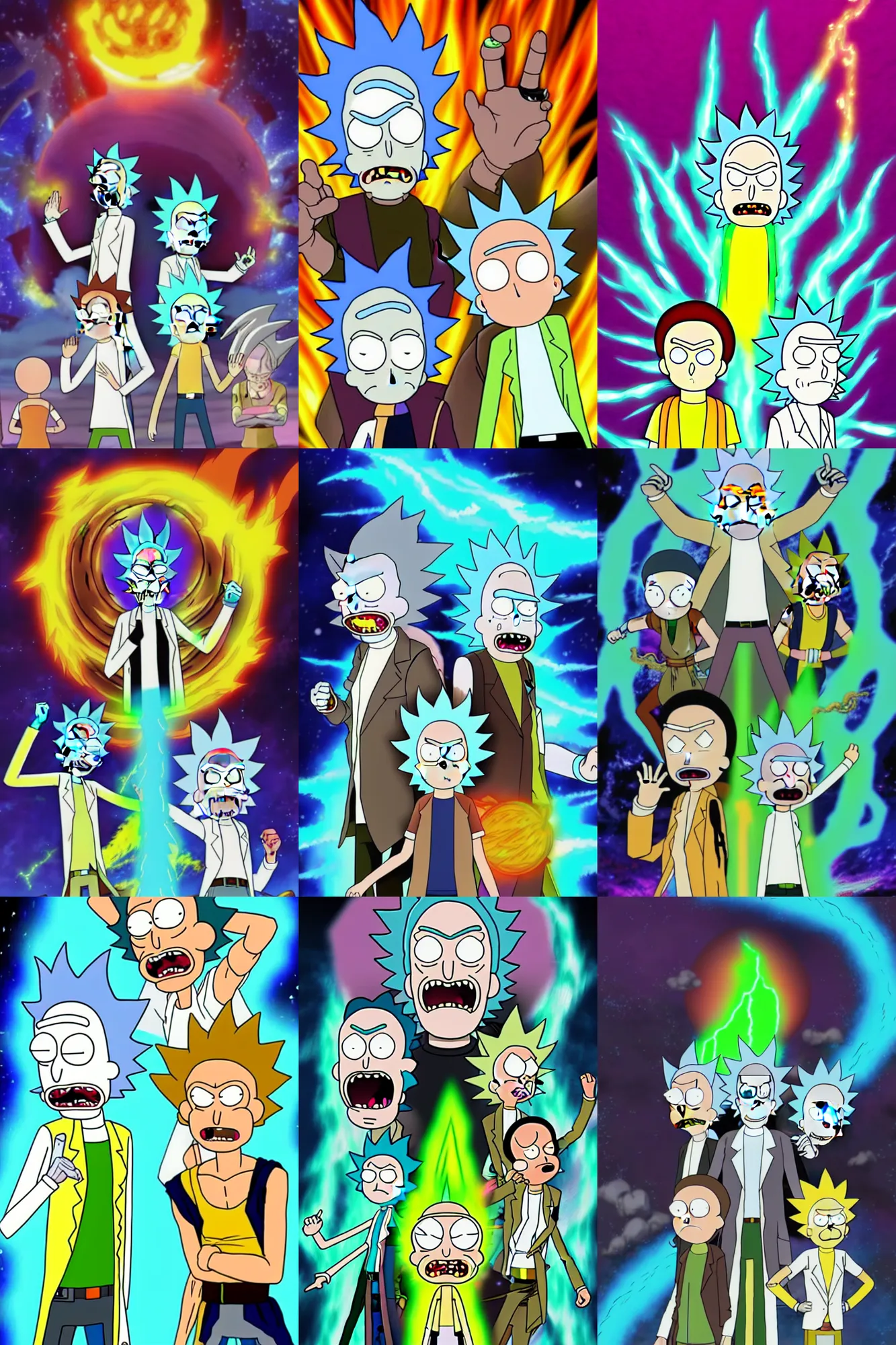 Prompt: Rick and morty, dragon ball z style, trending on artstation, dramatic lightning