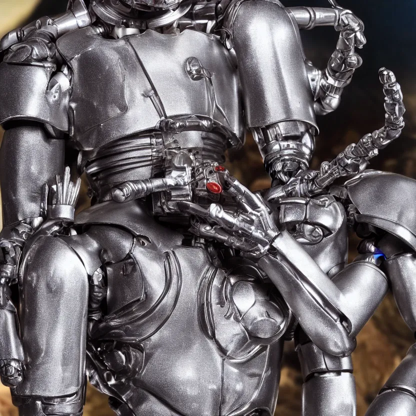 Image similar to extreme close - up of action figures futuristic cyborg tin man from the wiz buck rogers dune the movie, 4 k, highly detailed, award winning, look at all that detail!