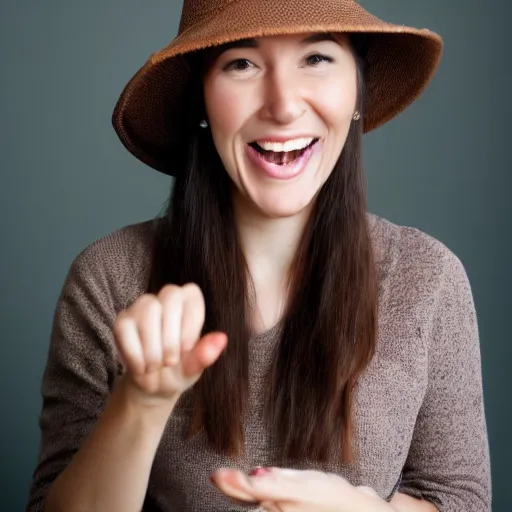 Image similar to portrait of a smiling 3 0 - year - old woman, medium brown hair with a hat, hair comes out of the hat a little and plays because of the sells, the woman puts her right hand on the hat to try to hold it back.