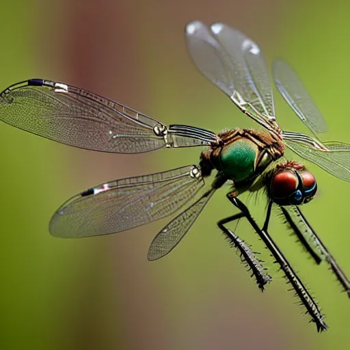 Image similar to wildlife photography of a weaopnised mechanical dragonfly, macro photography