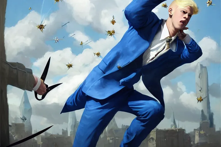 Image similar to a blond man in a blue suit attacked by flying swords, organic painting, sunny day, matte painting, bold shapes, hard edges, street art, trending on artstation, by huang guangjian, gil elvgren, ruan jia, randy vargas, greg rutkowski