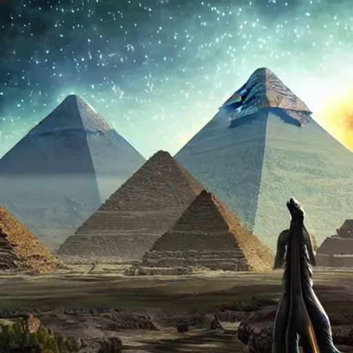 Image similar to ultrarealistic cgi aliens in a meeting of the galactic federation 1 5 0 0 0 years ago before matrix installation. realistic futuristic background unreal engine hyperdetailed photorealistik patterned robes. ancient pyramids with sacred geometry glowing scenery background in the style of android jones