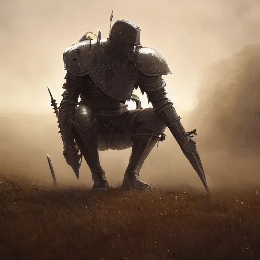 Image similar to Forlorn knight crying on his knees on a battlefield, hd, intricate, Greg Rutkowski, Elden Ring, 8k, digital art