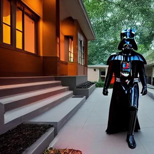 Prompt: darth vader is walking up the front walk of a chicago bungalow at night, menacing mood, dark lighting