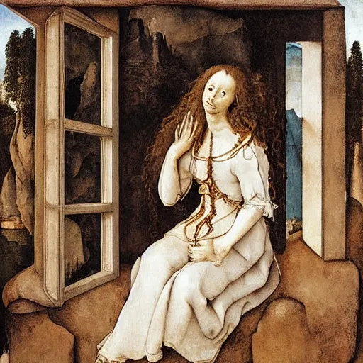 Image similar to A beautiful sculpture of a woman with long curly hair, wearing a white dress and sitting in a chair in front of a window with a view of a mountainside. neo-expressionism by Albrecht Dürer artificial