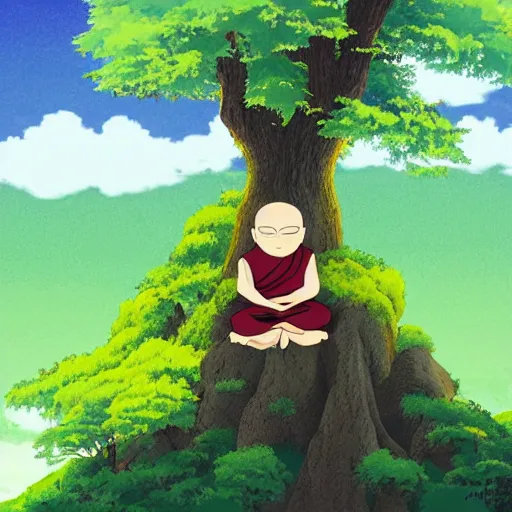 Prompt: Meditating Buddhist monk sat at the base of a large tree on top of a green hill artwork by studio Ghibli