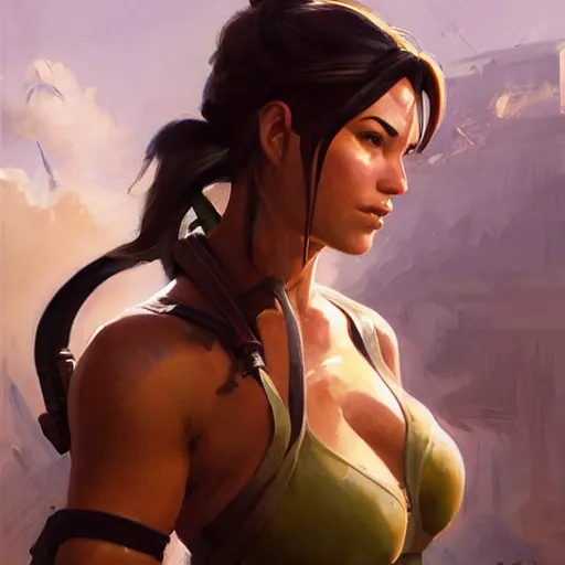 Image similar to greg manchess portrait painting of partially armored lara croft as overwatch character, close - up shot, asymmetrical, profile picture, organic painting, sunny day, matte painting, bold shapes, hard edges, street art, trending on artstation, by huang guangjian and gil elvgren and sachin teng