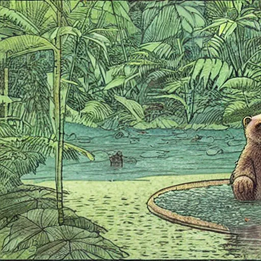 Image similar to a bear sitting in a pond in a lush jungle together with a guitarist, drawing by moebius