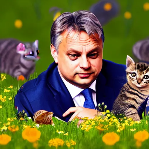 Image similar to hungarian prime minister orban viktor laying on a field of flowers, surrounded by cute kittens, highly detailed illustration, hyper realistic, 4 k