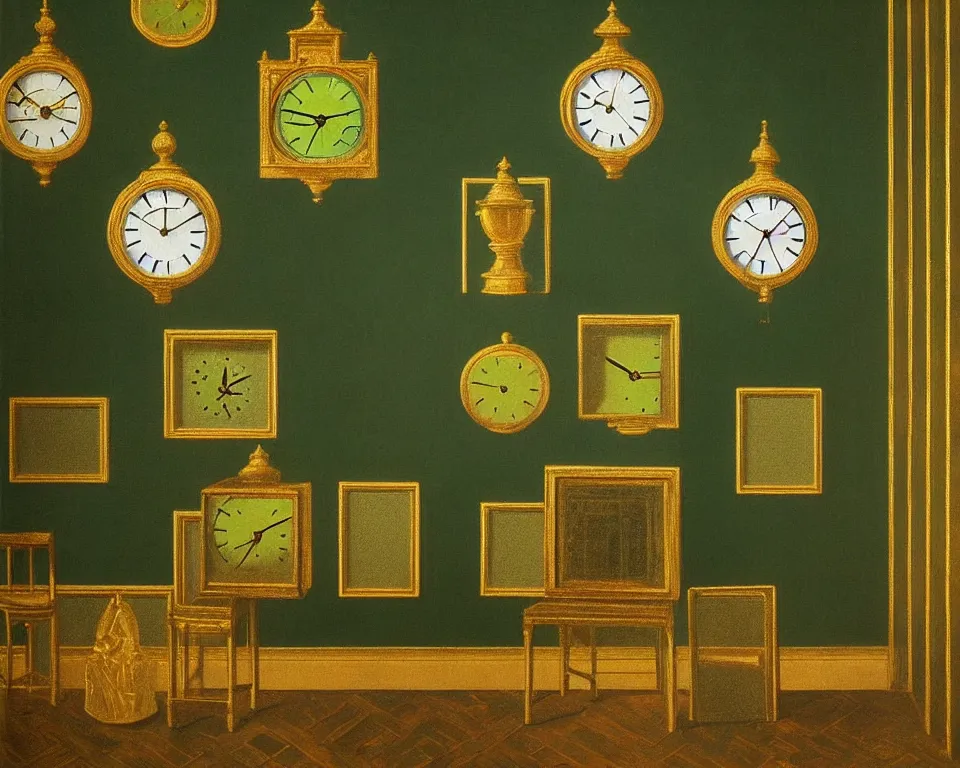Image similar to an achingly beautiful print of gold clocks and fractured frescos on a dark green wall by Raphael, Hopper, and Rene Magritte. detailed, romantic, enchanting, trending on artstation.