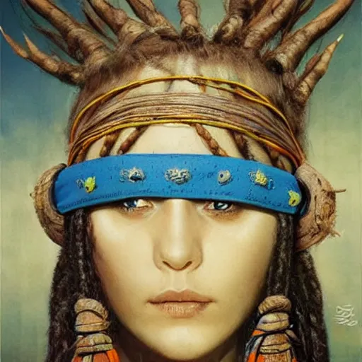 Image similar to A young blindfolded shaman woman with a decorated headband, in the style of heilung, blue hair dreadlocks and wood on her head., made by karol bak